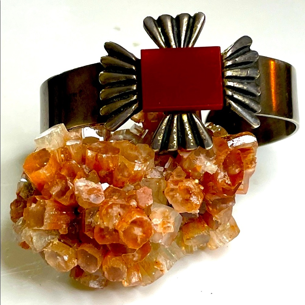 Native American Vintage Silver Cuff Bracelet Fluted Fan Pattern & Coral Stone